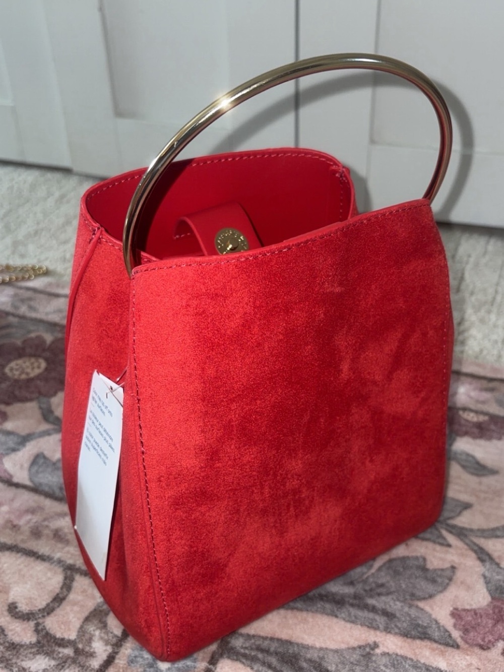 Red Suede Top-Handle Bucket Bag with Gold Ring Handle